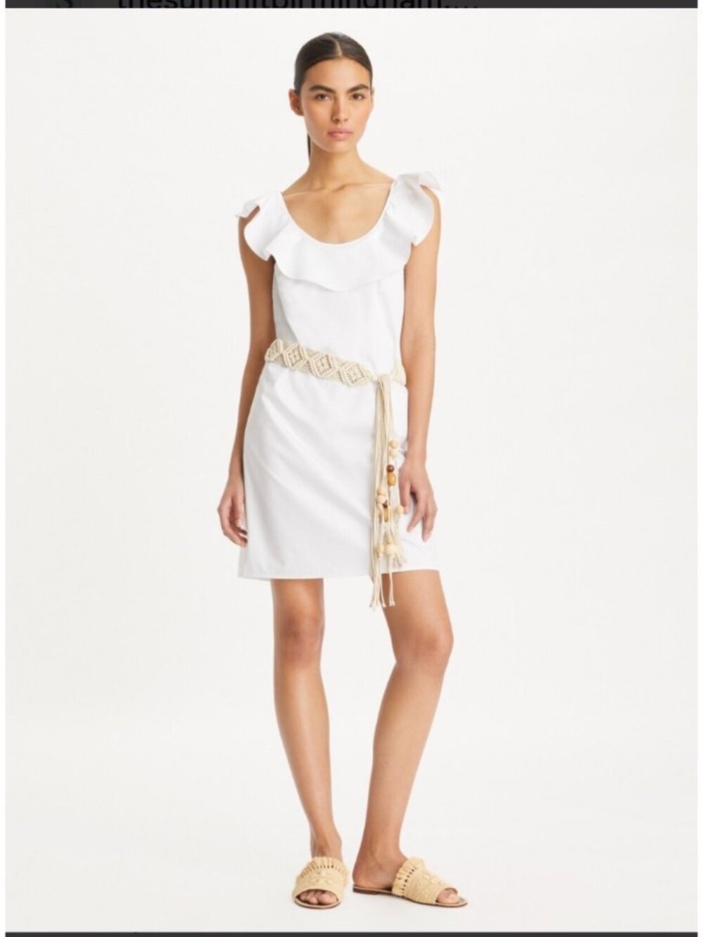 Tory Burch White Cotton Flounce Dress  Ruffled Neckline & Macrame Belt Size 2